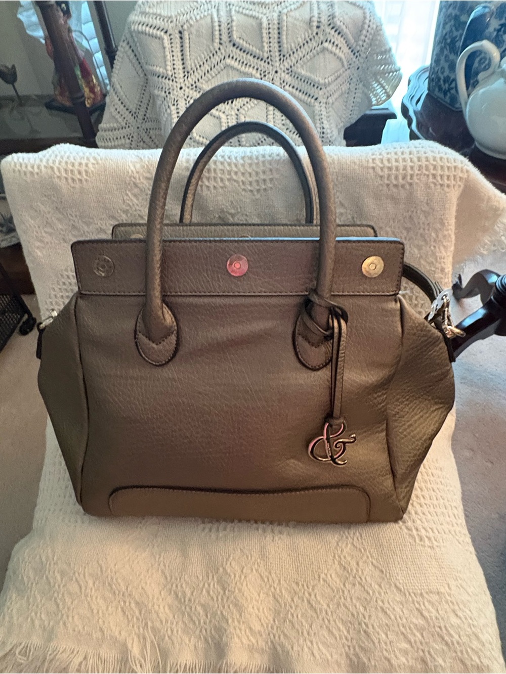 Structured Leather Tote Handbag - Taupe